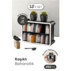 Vienev 250 ml Siyah Beyaz Serigrafi Etiketli 12'li Standlı Kendinden Yapışkanlı Kaşıklı Baharatlık Seti