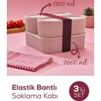 Vienev 3'lü Elastik Bantlı İstiflenebilir Pratik Saklama Kabı Seti 2x(1100 ml) 1x(2600 ml) Pembe
