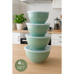 Vienev 4’lü Yuvarlak Kase Seti Mint Yeşili | 1l, 1.5l, 2.3l, 3.3l | Kapaklı Çok Amaçlı Mutfak Saklama Kabı