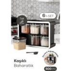 Vienev Beyaz Serigrafi Etiketli 6lı 500 ml Standlı Kendinden Yapışkanlı Kaşıklı Baharatlık Seti Siyah - Antrasit