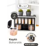 Vienev Beyaz Serigrafi Etiketli 9lu Standlı Kendinden Yapışkanlı Kaşıklı Baharatlık Seti Siyah - Antrasit