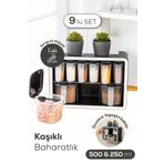 Vienev Beyaz Serigrafi Etiketli 9'lu Standlı Kendinden Yapışkanlı Kaşıklı Baharatlık Seti Siyah