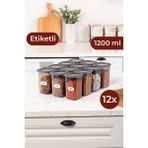 Vienev Etiketli Kare Erzak Saklama Kabı 12'li Set Orta Boy 1,2 Litre Antrasit - 1,2 lt