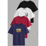 Vien&Karl Erkek Desenli-Düz Karışık Slim Fit Bisiklet Yaka Pamuk Elastan 4'lü Basic Tişört - Çok Renkli