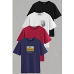 Vien&Karl Erkek Desenli-düz Karışık Slim Fit Bisiklet Yaka Pamuk Elastan 4'lü Basic Tişört