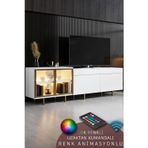 VİENNA TV ÜNİTESİ RGB LED IŞIKLI GOLD DEMİR AYAKLI RAFLI DOLAPLI BEYAZ TV SEHPASI