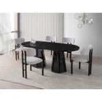 Viento Mobilya Bohem Sonato Highgloss Sabit 180X90 Masa Tuna 6 Adet Beyaz Bukle Kumaş Sandalye Masa Takımı - Mermer Desen - Beyaz - Siyah - 180 X 90