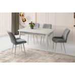 Viento Mobilya Kelebek Tekno Marmo Highgloss Açılır 130X80 Masa 6 Adet Bukle Kumaş Ahşap Ayak Fulya Sandalye Masa Takımı - Beyaz Mermer - 130 X 80