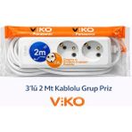 Viko 3'lü 2 Metre Kablolu Grup Priz - Beyaz - 3'LÜ 2 MT