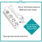 Viko 3'lü 5 Metre Anahtarlı Grup Priz-Beyaz(Öznur 3*1,5 Kablo Kullanılır)
