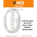 Viko 6'lı 7 Metre Topraklı Çocuk Korumalı Kablolu Grup Priz (Düz Fiş) - Beyaz - Gümüş