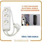 Viko HO5VV-F 3'lü Beyaz Topraklı Çocuk Korumalı 3x1.5 3 m Ünal Kablo Tam Bakır Uzatma Kablo