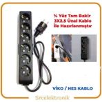 Viko Multi-Let 6 Li Ünal Kablolu Siyah (12 ile 40 Metre ) Topraklı Çocuk Korumalı Uzatma ( 3x2.5 Ünal Kablo Tam Bakır) Ttr Kablo Tseli HO5VV-F - 12 METRE