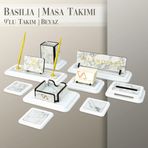 VILANO ART Beyaz Mermer Desenli Kişiye Özel 9 Parça Beyaz Masa Isimlik Seti