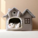 Villa Kedi Evi Peluş Kapalı Kedi Yatağı Minderli Katlanır Kedi Evi L Boy Oumo - Gri