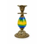 Vintage Cam ve Metal Şamdan, Antika Görünümlü, Mavi-Sarı Renkli, 16 cm, Koleksiyon Parçası, Dekoratif Mumluk