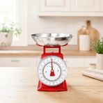 Vintage Mekanik Mutfak Terazisi 2 Kg Kapasiteli, Paslanmaz Metal Hazneli Retro Ölçü Tartısı, Un Şeker Baharat Meyve Sebze Tartma Terazisi (Kırmızı Gümüş)