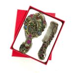 Vintage Metal Ayna ve Tarak Seti, Antik Bronz, Çiçek Desenli, Renkli Taşlı, El Aynası ve Saç Tarağı, 13 cm