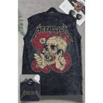 Vintage Metallica Sırt Baskılı Yıkamalı Kolsuz Tişört, Unisex Rock Band Tema Sıfır Kol Retro Atlet - Siyah