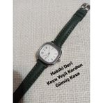 Vintage Model Kare-Oval Gümüş Kasa Retro Still - Koyu Yeşil (Hakiki Deri) Kordon Kadın Kol Saati 0054 - 20 cm