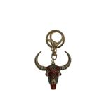 Vintage Tarzı Boho Dekoratif Metal Boğa Kafası Anahtarlık, Kırmızı ve Altın Rengi, Kristal Taşlı