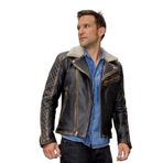 Vintage Tarzı Erkek Deri Mont, Koyun Derisi, Kürk Yaka, Kapitone Detaylı, Biker Silüet, Siyah (Siyah Deri, 4XL)