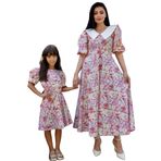 Vintage Yakalı Pastel Çiçekli Balon Kol Kloş Elbise ANNE-KIZ Kombini (Turuncu, 7-8 Yaş)