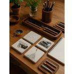 Vintage Yazı ve Retro Desenli Doğal Taş Bardak Altlığı 4’lü Set, Retro Sunum Ürünü - 10 x 10 cm