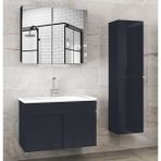 Viola1 Siyah 65+35 cm Ayna Dolaplı, Boy Dolaplı Seramik Lavabolu Mdf Banyo Dolabı Seti--Hazır Kurulu--