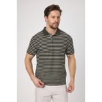 Violes Erkek Haki Çizgili Slim Fit %100 Pamuk Polo Yaka Tişört - 3XL