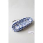 Violet Design El Yapımı Taş Tozu Dekoratif Oval Tabak - Mavi Beyaz Desenli Sunum Tabağı
