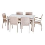 Violet Rattan Masa Takımı 80 x 140 Camlı Masa 6 Kişilik Sandalye Bahçe Balkon Teras Takımı Capuccino