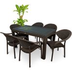 Violet Rattan Masa Takımı 80x140 Camlı Masa 6 Kişilik Bambu Sandalye Seti Bahçe Balkon Teras Takımı - Kahverengi