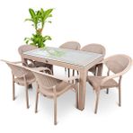 Violet Rattan Masa Takımı 80x140 Camlı Masa 6 Kişilik Bambu Sandalye Seti Bahçe Balkon Teras Takımı - Kapuçino