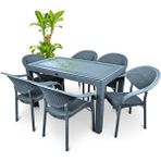 Violet Rattan Masa Takımı 80x140 Camlı Masa 6 Kişilik Rattan Sandalye Seti Bahçe Balkon Teras Takımı - Antrasit