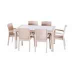 Violet Rattan Masa Takımı 80x140 Camlı Masa 6 Kişilik Rttan Sandalye Seti Bahçe Balkon Teras Takımı - Bej - Krem