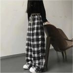 Violon Harajuku Kare Ekose Desenli Siyah Unisex Rahat Kesim Pijama Eşofman Altı - 01-Siyah