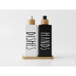Vios Store Premium Mat Siyah & Beyaz Mutfak Sabunluk Seti - Bambu Tepsili 2x450ml Bulaşık Deterjanı ve Sıvı Sabun Pompası (Hands & Dishes)