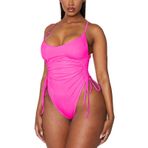 Viottiset Kadın Dantelli Yüksek Kesim Tek Parça Mayo Karın Kontrolü Monokini Bikini, Gül Kırmızısı, L