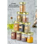 vipgross Gold Set - 10 Adet Cam Metal Kapaklı Baharatlık 500 Cc - Cam Kavanoz Seti 10 Lu Baharatlık Kavanozu