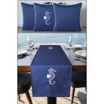 Visionario Kırlent Kılıfı 45X45 3'lü Set + 145X40 Runner Marin Nakışlı Deniz Atı Desen Su Itici Outdoor Keten - 45 x 45 cm - Lacivert