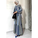 Viskon Bohem Desenli Tesettür Elbise - 00404 Mavi - 3