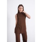 Viskon Kolsuz Tunik-Kahverengi - 3XL