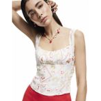 Viskon Meyve Baskılı Floral Kare Yaka Crop Bluz