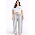 Viskon Pamuklu Kadın Büyük Beden Açık Gri Çizgili Pijama Pantolon - Brf006 -