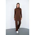 Viskon Tunik ve Pantolon Takım-Kahverengi - 4XL