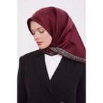 Vişne Şerit Leopar Desen Twill İpek Eşarp