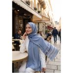 Vissona 100% İPEK BANT DESENLİ İNDİGO RENKLİ ŞAL