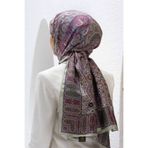 Vissona 100% İpek Etnik Desenli Haki - Mor Renkli 92x210 Şal