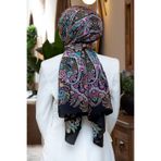 Vissona 100% İpek Etro Desenli Siyah - Mürdüm Renkli 92x210 Şal